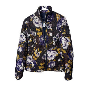 Womens Fall Jacket Size XS Floral Printed Quilted Zip Front Coat Lands End